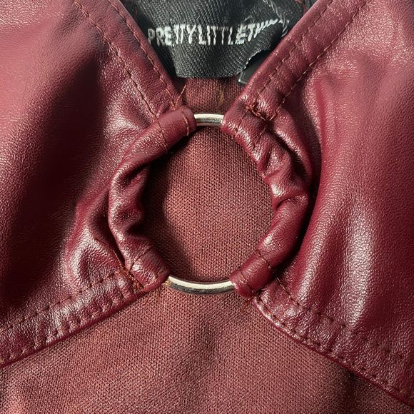 Pretty Little Thing Mini Dress Womens 12 Burgundy Faux Leather Cut Out Bodycon - Picture 4 of 16